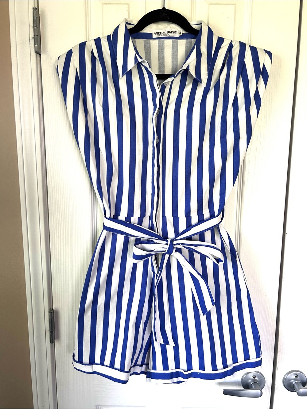 Gaudie & Company Blue White Striped Belted Romper Size Large NWT